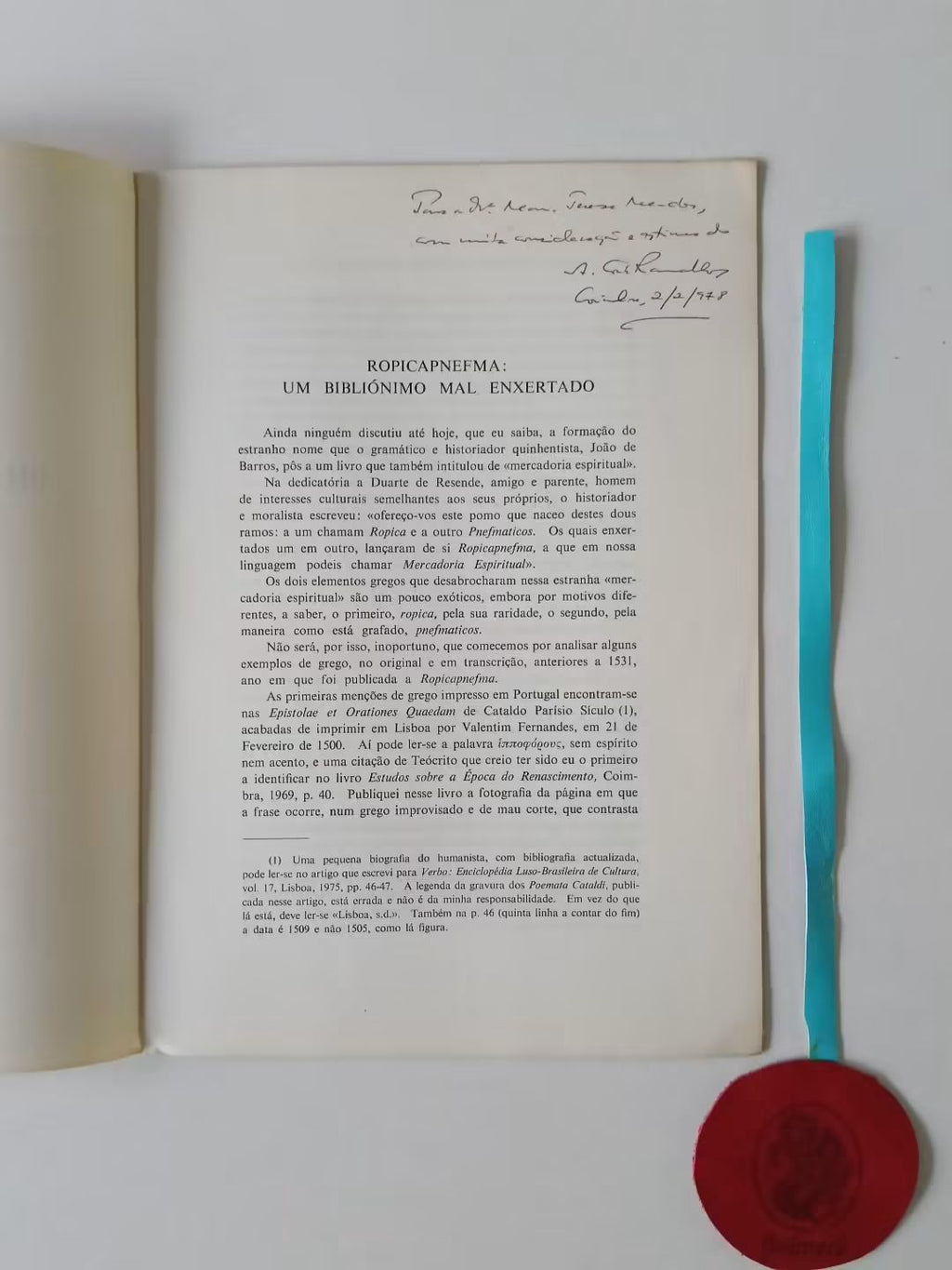 RAMALHO (Américo da Costa). - ROPICAPNEFMA: UM BIBLIÓNIMO MAL ENXERTADO