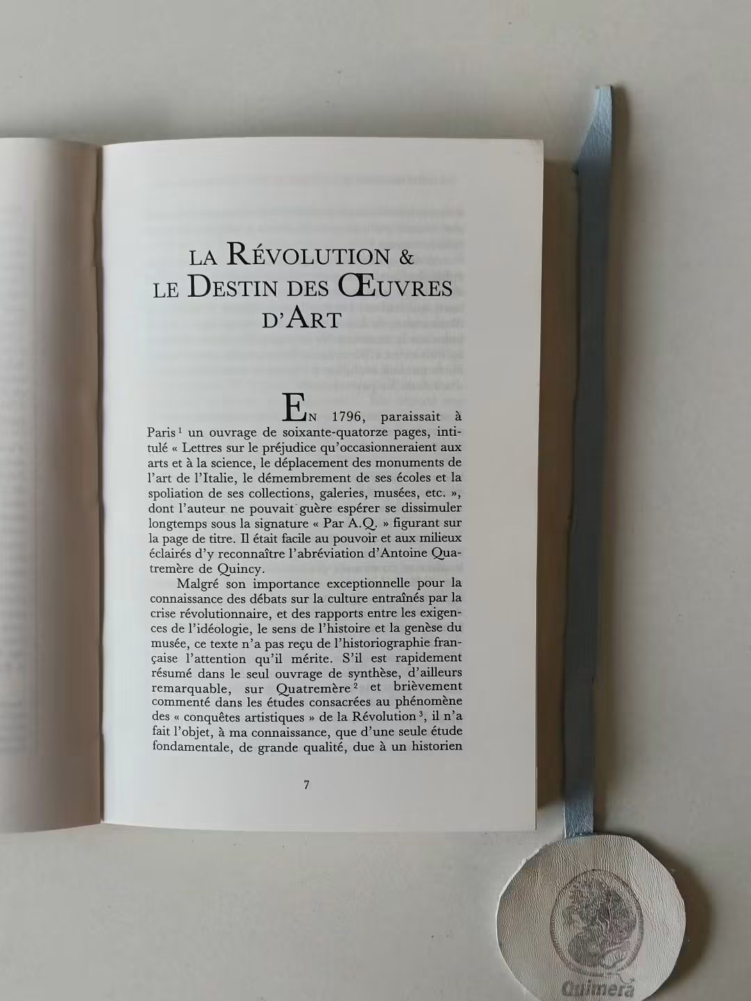 QUINCY (Quatremère). - LETTRES À MIRANDA SUR LE DÉPLACEMENT DES MONUMENTS DE L'ART DE L'ITALIE (1796)