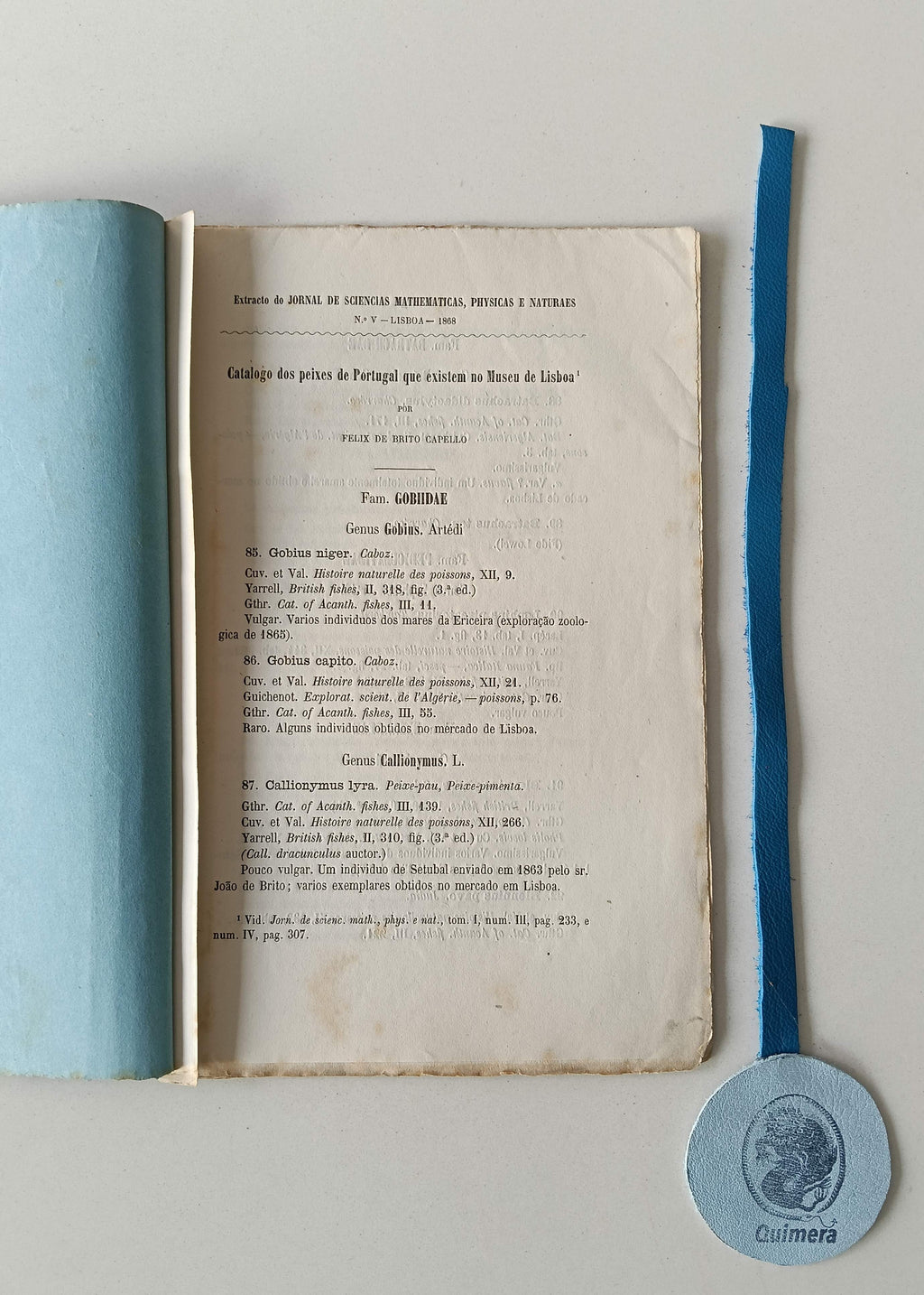 CAPELLO (Felix de Brito). - CATALOGO DOS PEIXES DE PORTUGAL QUE EXISTEM NO MUSEU DE LISBOA