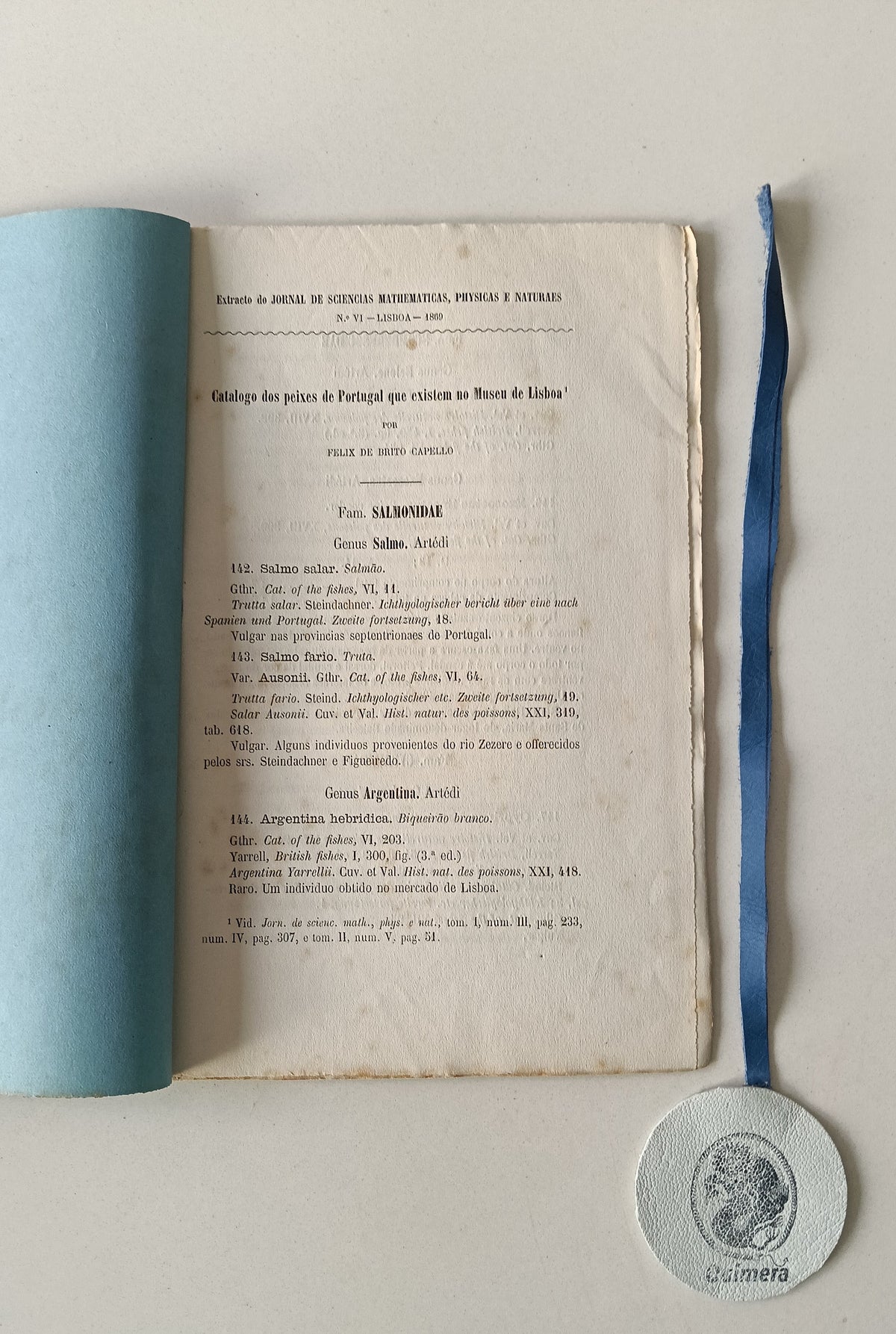 CAPELLO (Felix de Brito). - CATALOGO DOS PEIXES DE PORTUGAL QUE EXISTEM NO MUSEU DE LISBOA
