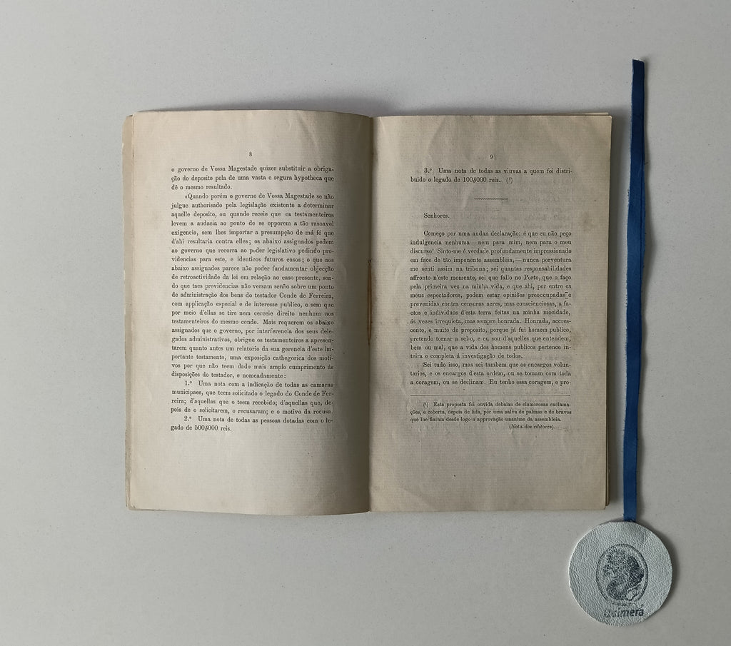CASTRO (Vieira de). - DISCURSO PROFERIDO NO PORTO, NO GRANDE MEETING, de 25 de Julho de 1869, Convocado por uma comissão democrática para representar ao Governo, contra o procedimento dos testamenteiros do Conde de Ferreira