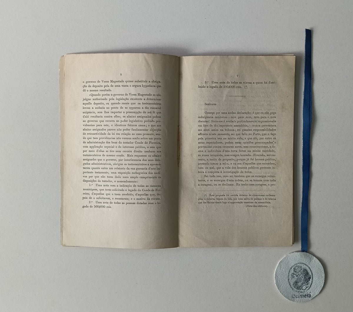 CASTRO (Vieira de). - DISCURSO PROFERIDO NO PORTO, NO GRANDE MEETING, de 25 de Julho de 1869, Convocado por uma comissão democrática para representar ao Governo, contra o procedimento dos testamenteiros do Conde de Ferreira